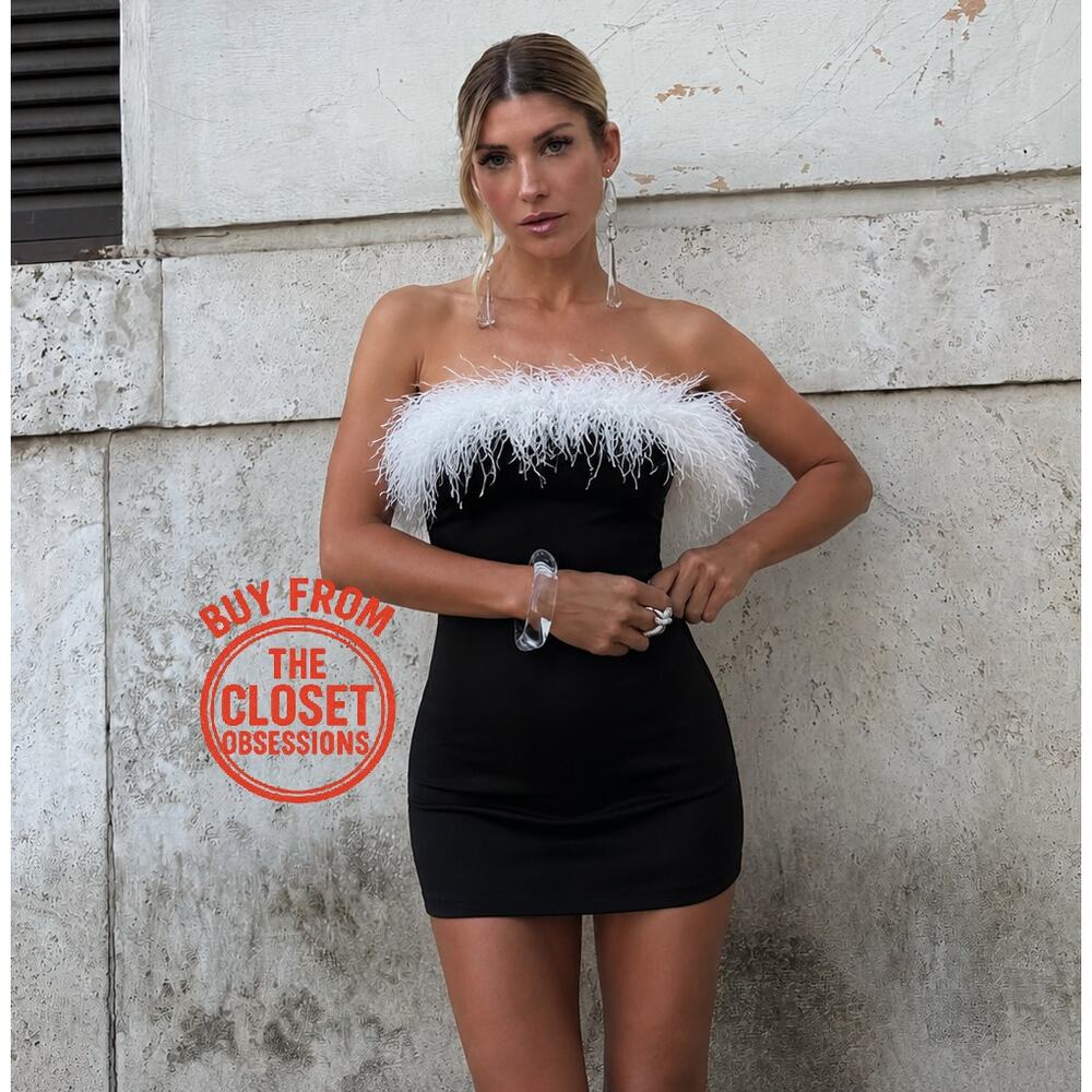 ZARA Black Feather Trim Strapless Mini Dress NWT Cocktail Party Size M - Picture 5 of 16
